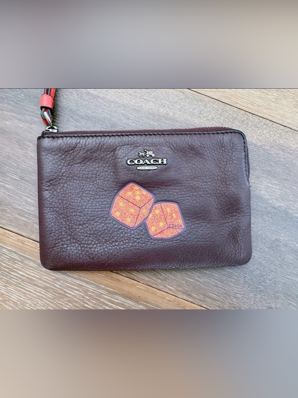 Coach Burgundy Leather Wristlet with Glitter Dice Patch